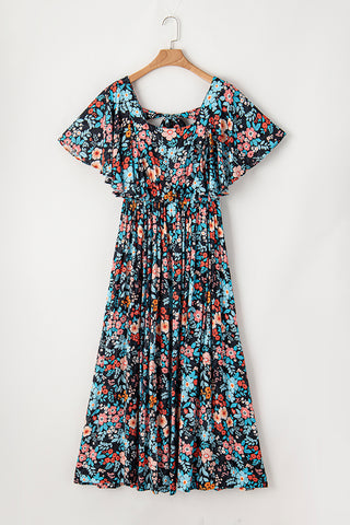 Sky Blue Boho Floral Print Knotted Backless Maxi Dress - Alleure