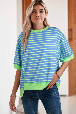 Black Stripe Contrast Trim Drop Sleeve Loose Top - Alleure