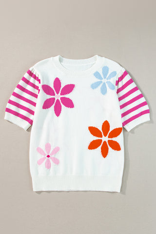 White Knit with Flowers and Pink Striped Sleeves