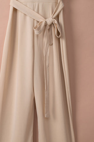 Beige Jumpsuit Boat Neckline Wide Legs Tie Sash