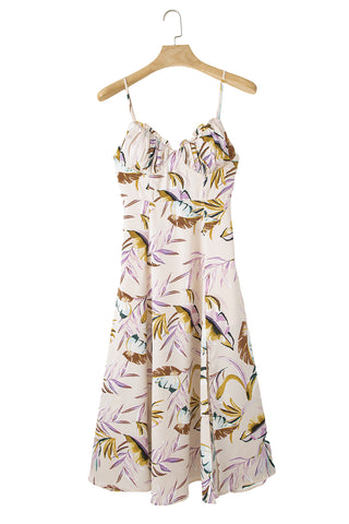 Apricot Tropical Print Spaghetti Straps Cupped Dress - Alleure