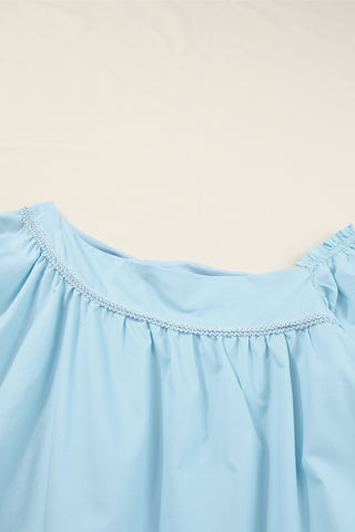 Wholesale Sky Blue Puff Sleeve Asymmetric Pleated Flowy Mini Dress - Alleure