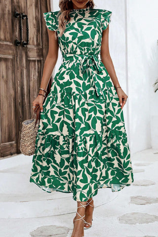 Green Leaf Print Tiered Ruffle Sleeves