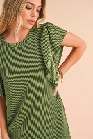 Grass Green Ribbed Ruffle Sleeve Mini Dress - Alleure