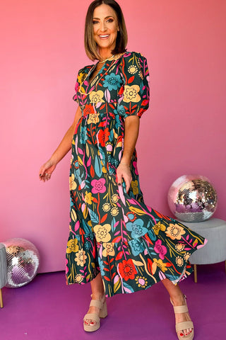 Wholesale Green Floral Print Split V Neck Puff Sleeve Maxi Dress - Alleure