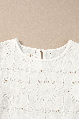 White Flower Eyelet Jacquard Keyhole Puff Sleeve Blouse - 3 Colors