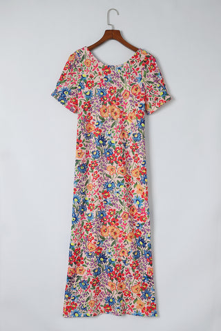 Multicolor Floral Print Ruffle Sleeves Open Back Maxi Dress - Alleure