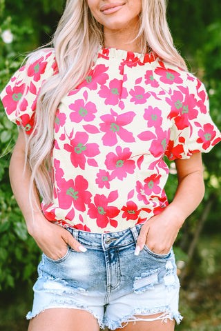 Floral Blouse with Puff Sleeves Frill Neckline