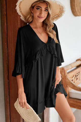 Black Ruffled 3/4 Sleeve V Neck Babydoll Short Dress - Alleure