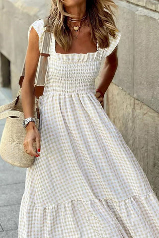 Khaki Plaid Ruffled Sleeveless Smocked Maxi Dress - Alleure