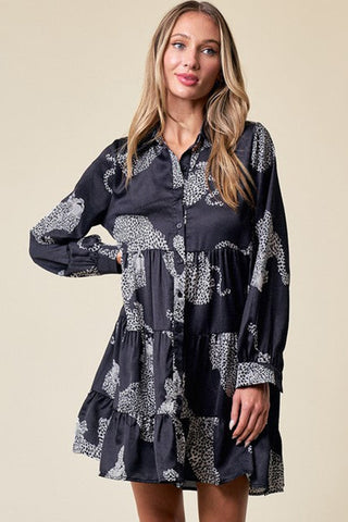 Black Leopard Print Shirt Mini Tiered Dress - Alleure