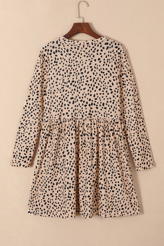 Brown Casual Crew Neck Long Sleeve Leopard Print Dress - Alleure