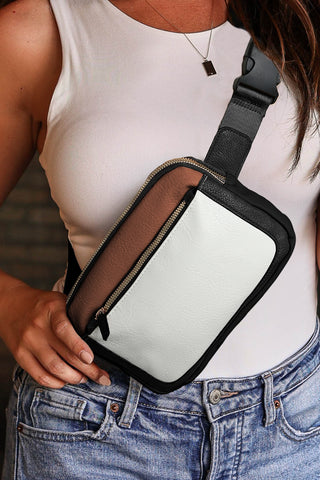 White Color Block Adjustable Belt PU Leather Crossbody Bag - Alleure