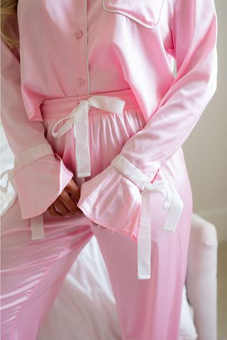 Pink Satin PJ Set Ruffle Hem