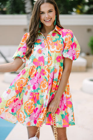 Floral Short Dress with Puff Sleeves & Button Front