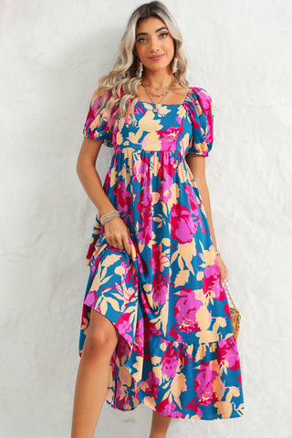 Dark Blue Square Neck Bubble Sleeve Ruffle Hem Floral Dress - Alleure