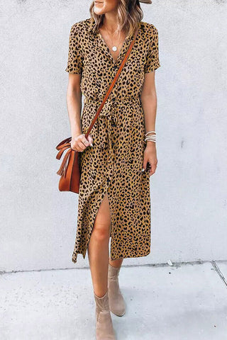 Khaki Leopard Print Waist Belted Button Up Shirt Dress - Alleure