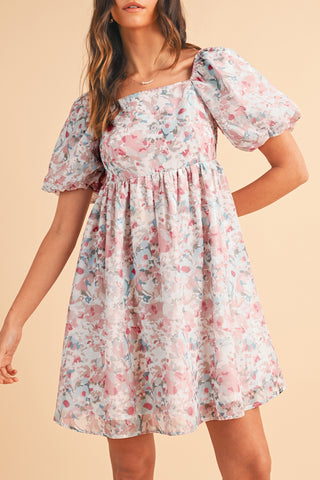 Pink Floral Lantern Sleeve Square Neck Ruffled Mini Dress - Alleure