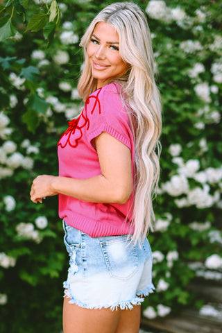 Hot Pink Knit Short Sleeve Top with Embrodiered Red Flowers