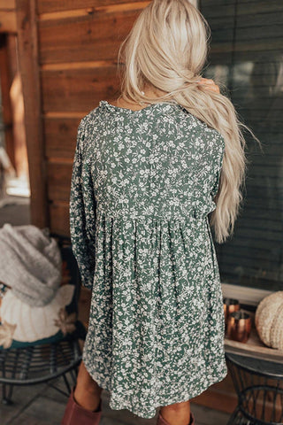 Green Ditsy Floral Print Notch Neck Long Sleeve Boho Dress - Alleure