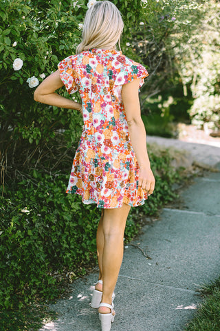 Purple Floral Print Split Neck Ruffle Mini Dress - Alleure