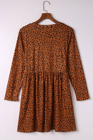 Brown Casual Crew Neck Long Sleeve Leopard Print Dress - Alleure