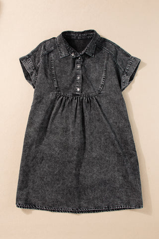 Wholesale Black Vintage Snap Buttoned Mini Denim Dress - Alleure