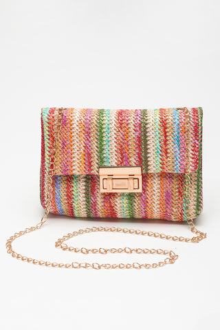 Camel Woven Striped Flapped Single Shoulder Bag - Alleure