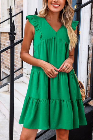 Bright Green V-Neck Ruffle Tiered Mini Dress - Alleure