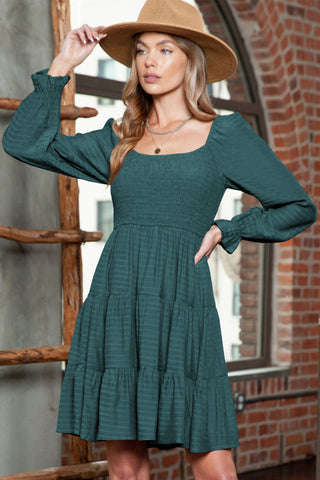 Mist Green Long Sleeve Smocked Tiered Boho Dress - Alleure