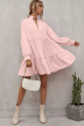 Pink Casual Stand V Neck Short Frill Dress - Alleure