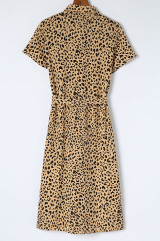 Khaki Leopard Print Waist Belted Button Up Shirt Dress - Alleure