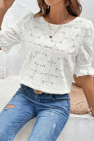 White Flower Eyelet Jacquard Keyhole Puff Sleeve Blouse - 3 Colors