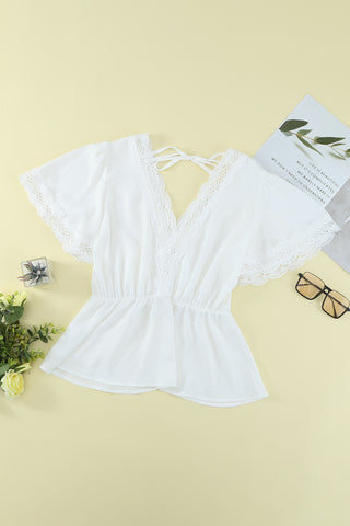 White Short Sleeve Blouse Lace Features