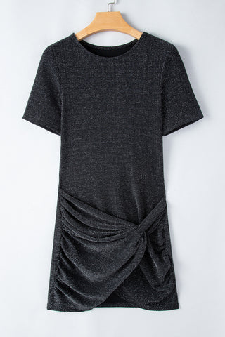 Black Plain Crew Neck Twist Front Tulip Hem Mini Dress - Alleure