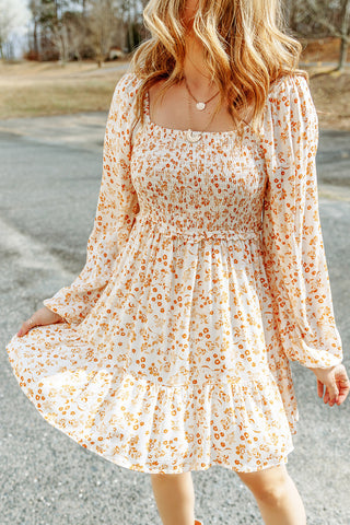 Apricot Boho Floral Smocked Puff Sleeve Short Dress - Alleure