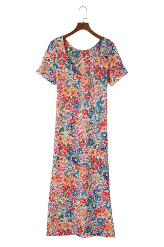 Multicolor Floral Print Ruffle Sleeves Open Back Maxi Dress - Alleure