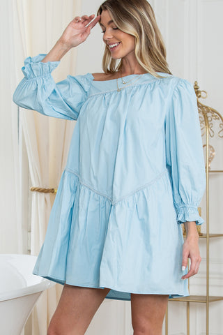 Wholesale Sky Blue Puff Sleeve Asymmetric Pleated Flowy Mini Dress - Alleure