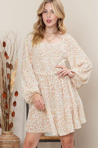 Apricot Boho Floral Smocked Puff Sleeve Short Dress - Alleure