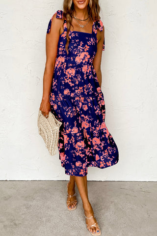 Pink Tie Shoulder Straps Tiered Floral Dress - Alleure