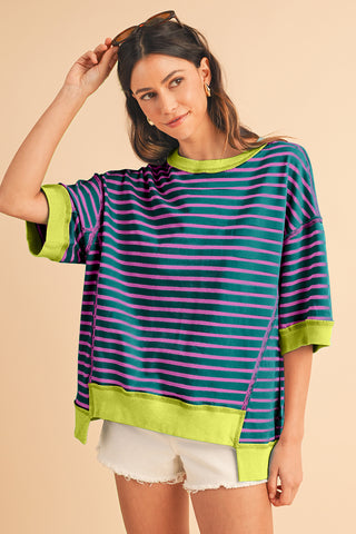 Black Stripe Contrast Trim Drop Sleeve Loose Top - Alleure