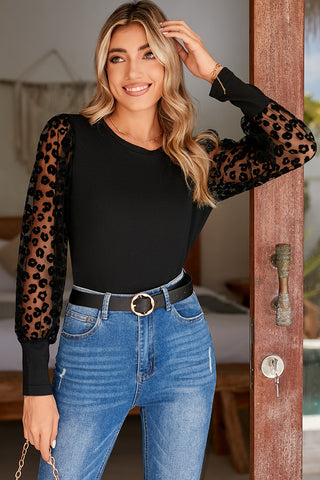 Black Knit with Sheer Leopard Print Long Sleeves