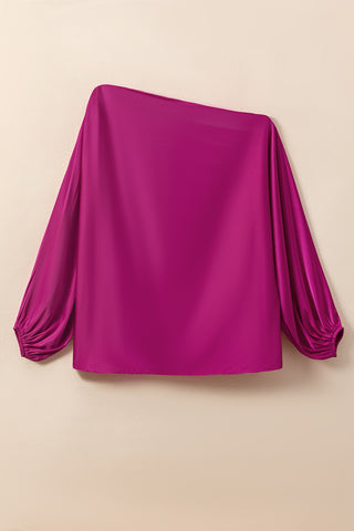 Silky Blouse Asymmetrical Neckline Lantern Sleeves - 2 Colors