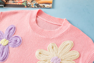 Round Neck Knit with Embrodiered Flowers - 3 Colors