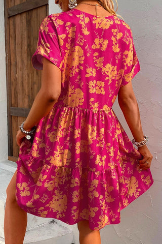 Rose Floral Short Sleeve Surplice Neck Ruffled Mini Dress - Alleure