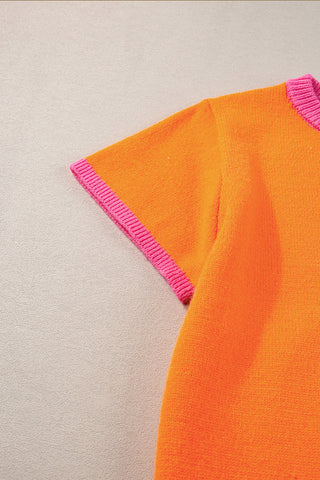 Orange Pink Colorblock Knit Cap Sleeve Top