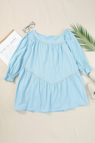 Wholesale Sky Blue Puff Sleeve Asymmetric Pleated Flowy Mini Dress - Alleure