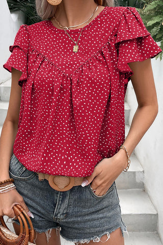 Fiery Red Spotted Print Pleated Ruffle Sleeve Blouse - Alleure