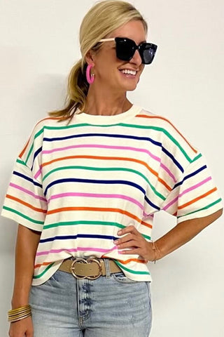 Striped Short Sleeve Loose Fit Knit with Dropped Shoulder