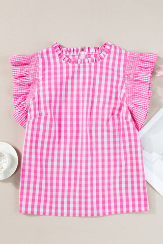 Checkered Blouse with Ruffle Trim Sleeves